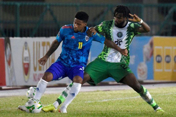 Cape Verde forward Vagner Dias (L) shields the ball from Nigeria defender Chidozie Awaziem (R) during a 2022 World Cup qualifier in Lagos on Tuesday