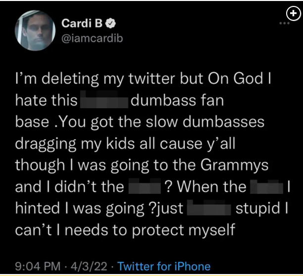 Cardi B deletes Twitter after backlash for not attending Grammys 2022