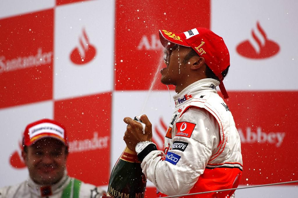 Sir Lewis Hamilton celebrating his first ever win at Silverstone