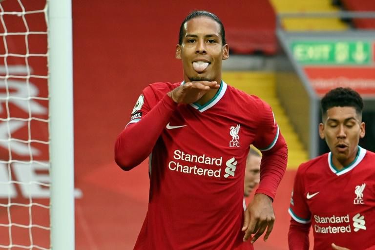 Liverpool defender Virgil van Dijk celebrates his goal against Leeds