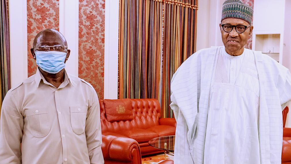President Muhammadu Buhari receives the immediate past chairman of the All Progressives Congress (APC), Comrade Adams Oshiomhole at the Aso Rock Villa. [Twitter/@NigeriaGov]