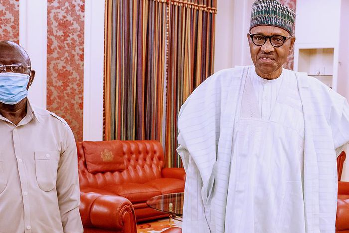 President Muhammadu Buhari receives the immediate past chairman of the All Progressives Congress (APC), Comrade Adams Oshiomhole at the Aso Rock Villa. [Twitter/@NigeriaGov]