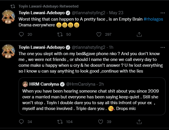 Carolyn Hutchings and Toyin Lawani drag each other on Twitter