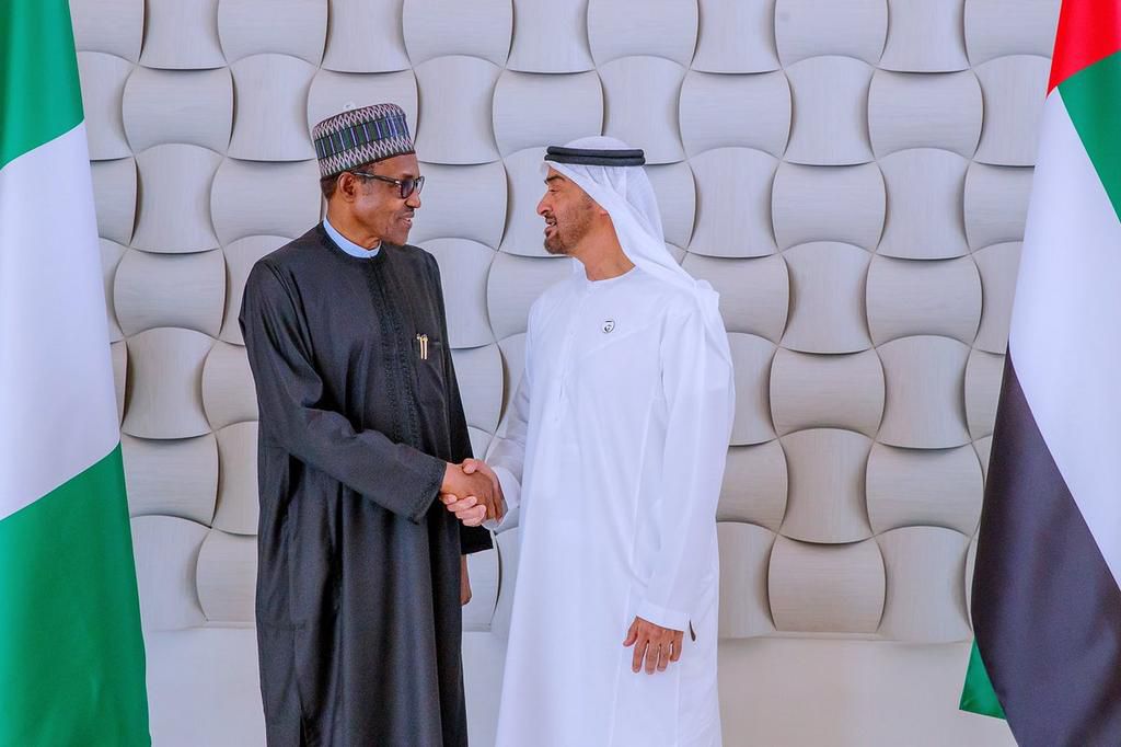 President Muhammadu Buhari meets with Crown Prince of Abu Dhabi H.H. Mohammed Bin Zayed Al Nahyan, in Abu Dhabi, UAE [Twitter/NGRPresident]