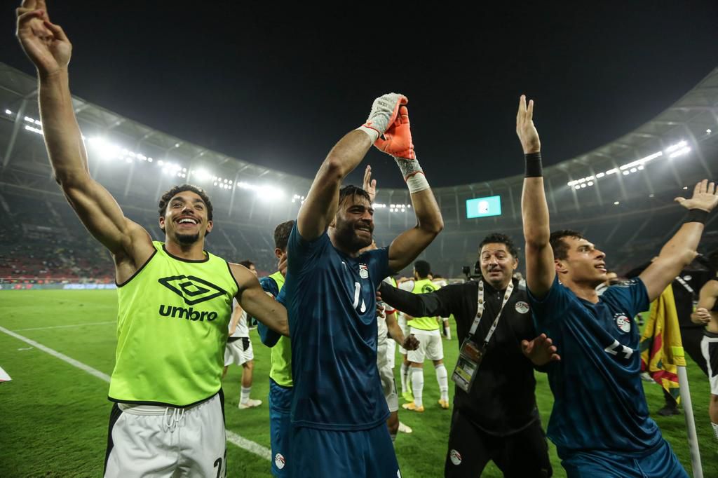 Egypt's hero, Gabaski celebrates with his teammates after they booked their place in the final.
