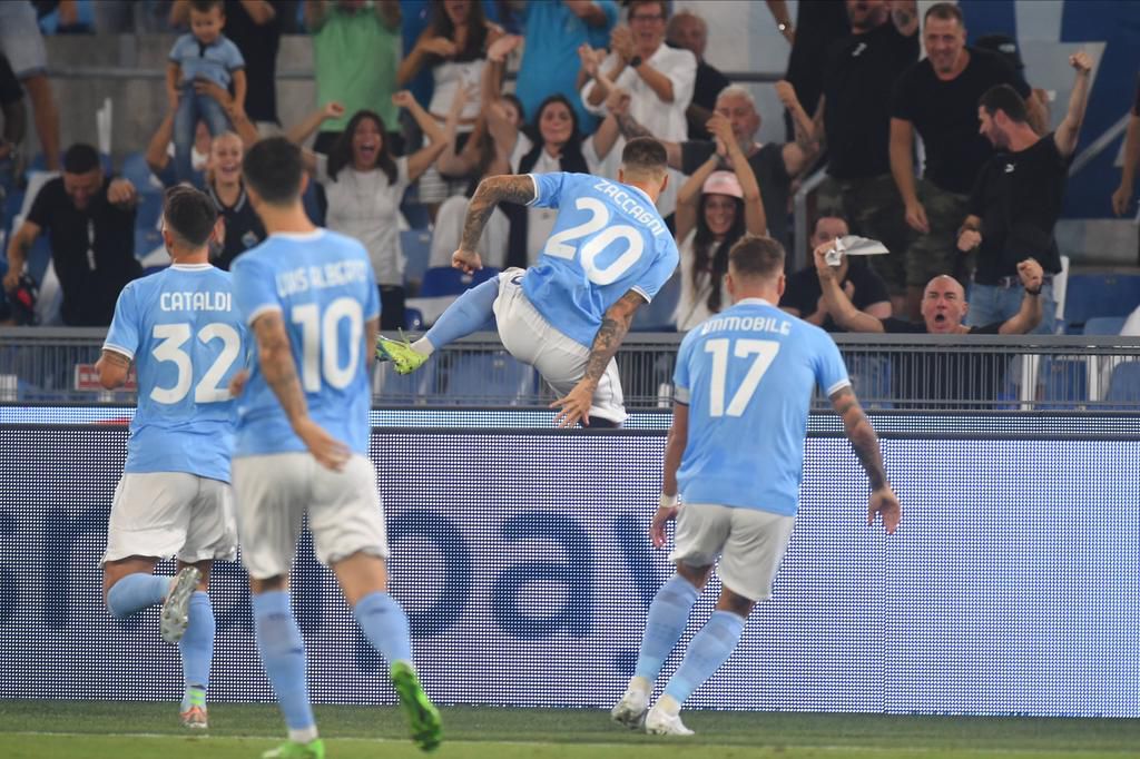 Mattia Zaccagni celebrates after breaking the deadlock for Lazio