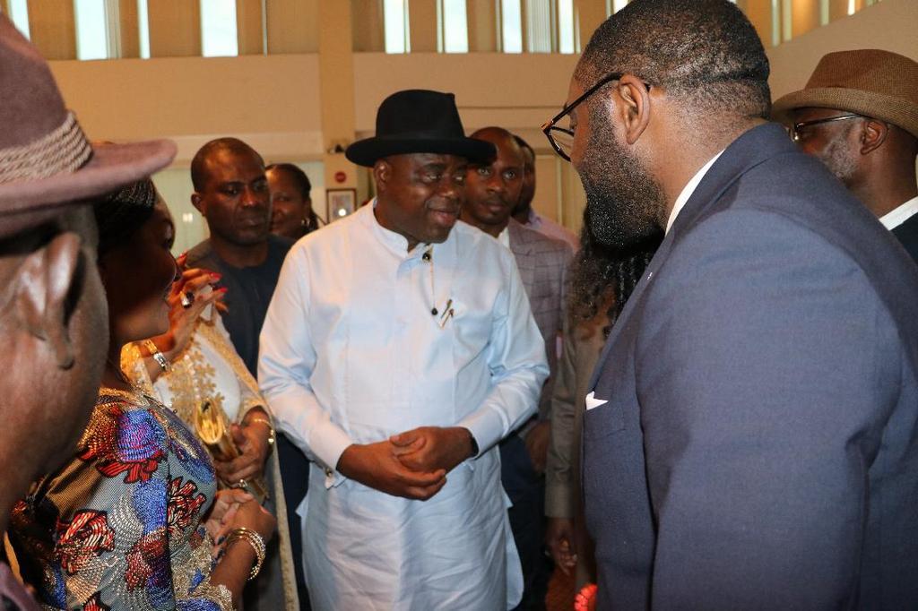 Gov. Douye Diri of Bayelsa greeting some executives of UN Staff Recreation Club Nigeria Association at a dinner organized in his honour at Nigeria House, New York.
