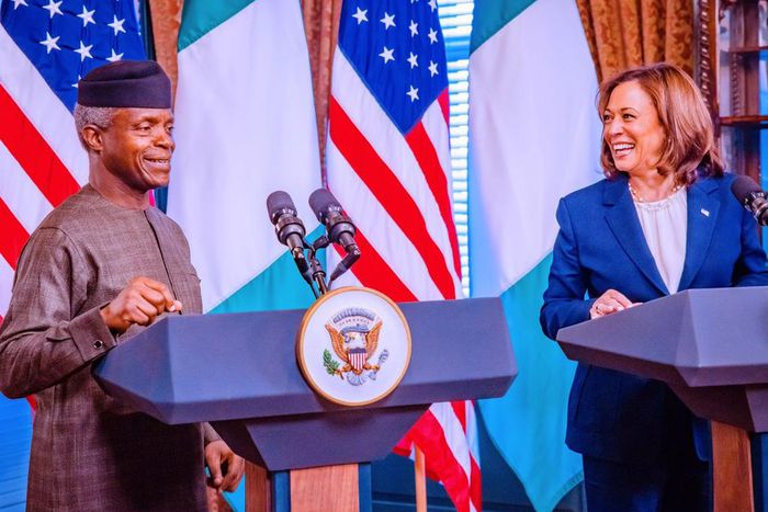Nigeria's Vice President Yemi Osinbajo and U.S. Vice President Kamala Harris. [Twitter:Ibnbazo]