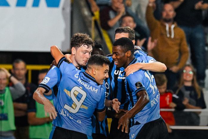 Raphael Onyedika celebrates the opening goal with his teammates.