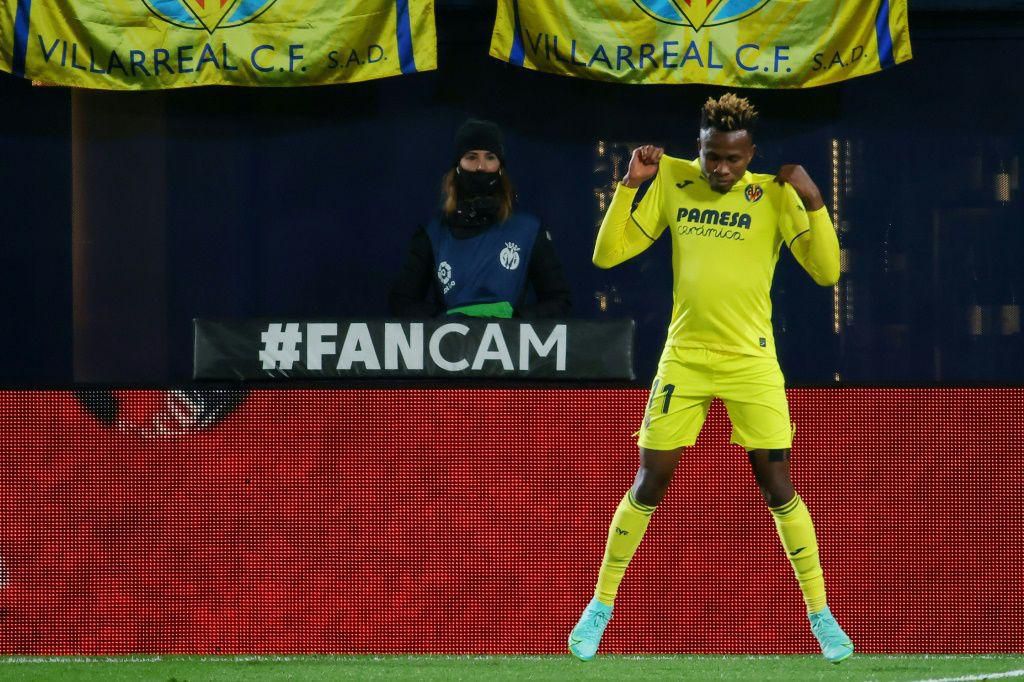 Nigerian midfielder Samuel Chukwueze celebrates scoring for Villarreal against Barcelona in La Liga at the weekend.