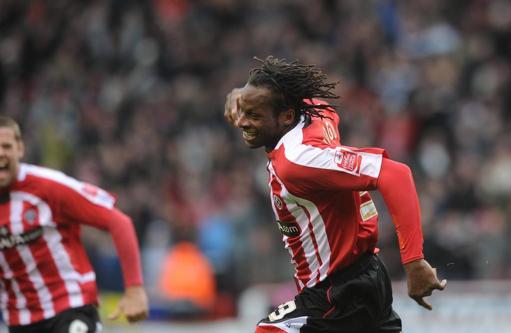 Ehiogu celebrates after scoring for Sheffield United