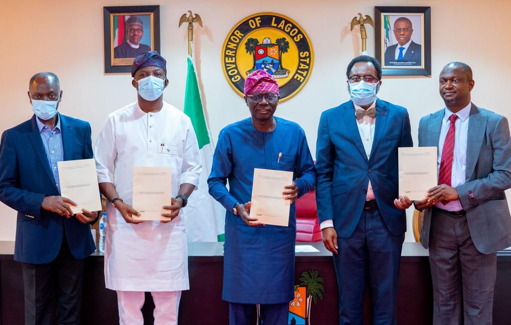 L-R: Chairman, Governing Council, Lagos State Polytechnic (now Lagos State University of Science and Technology), Prof. Rasheed Ojikutu; Special Adviser to the Governor on Education, Mr Tokunbo Wahab; Gov. Babajide Sanwo-Olu; Attorney-General and Commi...