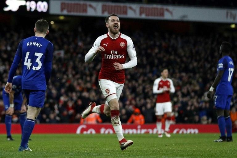 Aaron Ramsey (C) scored a hat-trick against Everton, with manager Arsene Wenger praising his midfielder's new found calmness in front of goal