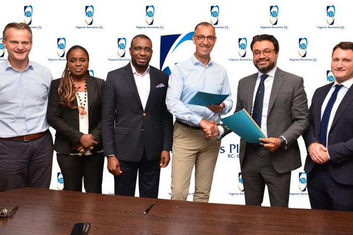 L-R: Supply Chain Director, Nigerian Breweries Plc, Martin Kochl; Corporate Affairs Director, NB Plc, Sade Morgan; Company Secretary/Legal Director, NB Plc, Uaboi Agbebaku; Managing Director/CEO, NB Plc, Hans Essaadi; CEO, Konexa, Pradeep Pursnani and ...