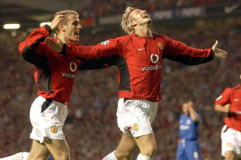 Phil Neville (left) and David Beckham in their Manchester United playing days. Neville has been named as the new coach at Beckham's Inter Miami MLS franchise