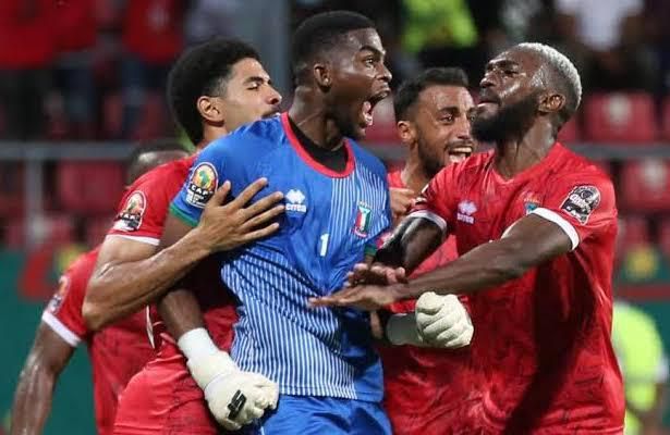 Wild celebrations by Equatorial Guinea players led by their young saviour, Jesus Owono.
