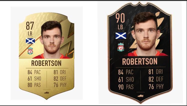 Andrew Robertson FIFA 22 OPR (Left) and TOTW Upgrade (Right)