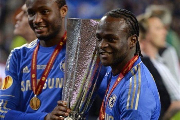 Mikel and Moses with the Europa League for Chelsea