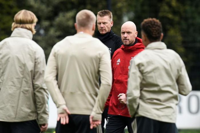 Ajax coach Erik Ten Hag leads his squad in training on the eve of their Champions League semi-final second leg against Tottenham Hotspur
