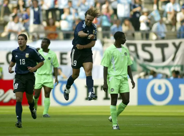 Gabriel Batistuta celebrates after scoring the opening goal for Argentina in 2002