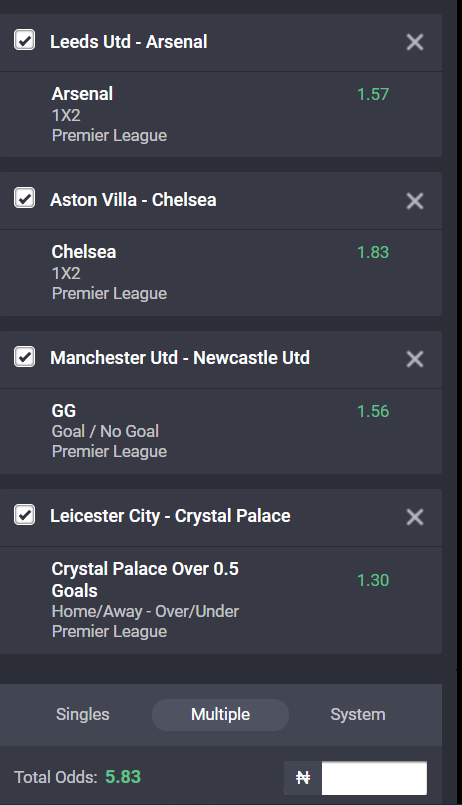 English Premier League accumulator on Bet9ja