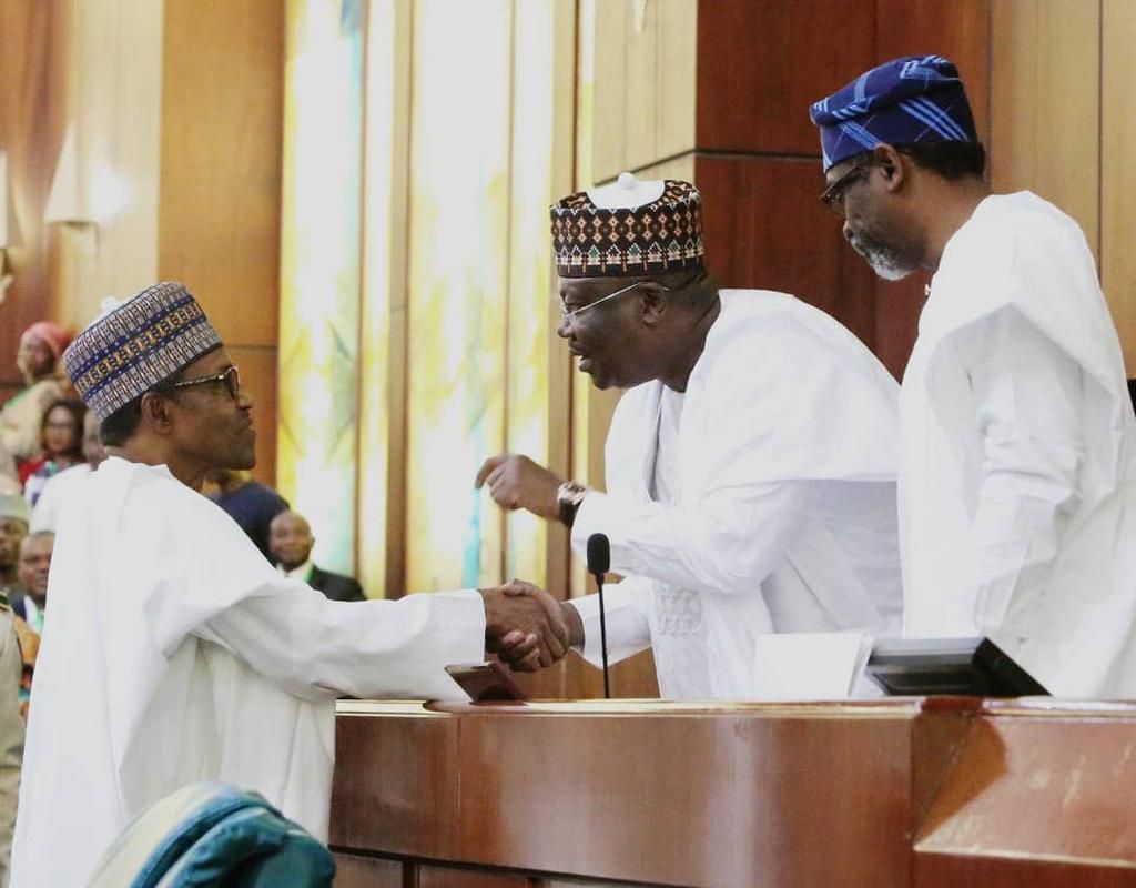 President Muhammadu Buhari, President of the Senate Ahmad Lawan and Speaker of the House of Representatives Hon. Femi Gbajabiamila at the presentation of 2020 Budget on the floor of the Senate. [Twitter/@DrAhmadLawan]