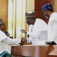 President Muhammadu Buhari, President of the Senate Ahmad Lawan and Speaker of the House of Representatives Hon. Femi Gbajabiamila at the presentation of 2020 Budget on the floor of the Senate. [Twitter/@DrAhmadLawan]
