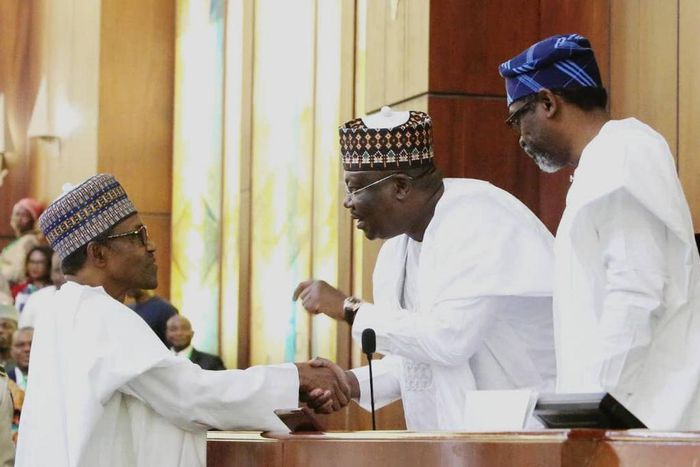 President Muhammadu Buhari, President of the Senate Ahmad Lawan and Speaker of the House of Representatives Hon. Femi Gbajabiamila at the presentation of 2020 Budget on the floor of the Senate. [Twitter/@DrAhmadLawan]