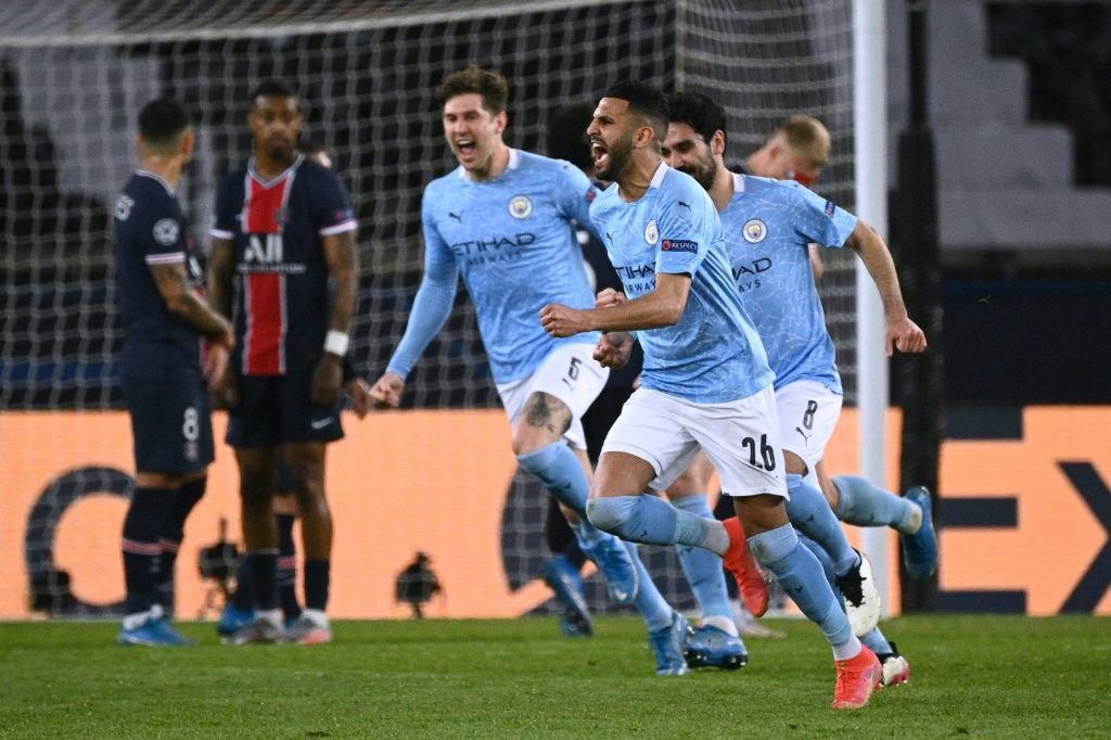 Riyad Mahrez celebrates after scoring Manchester City's winner in the first leg of their tie against PSG