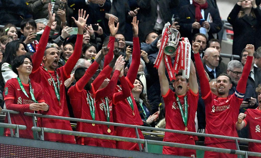 Liverpool celebrate winning the League Cup