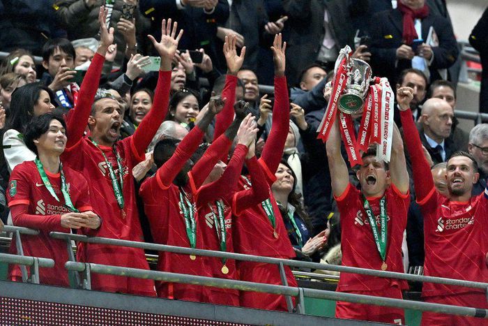 Liverpool celebrate winning the League Cup