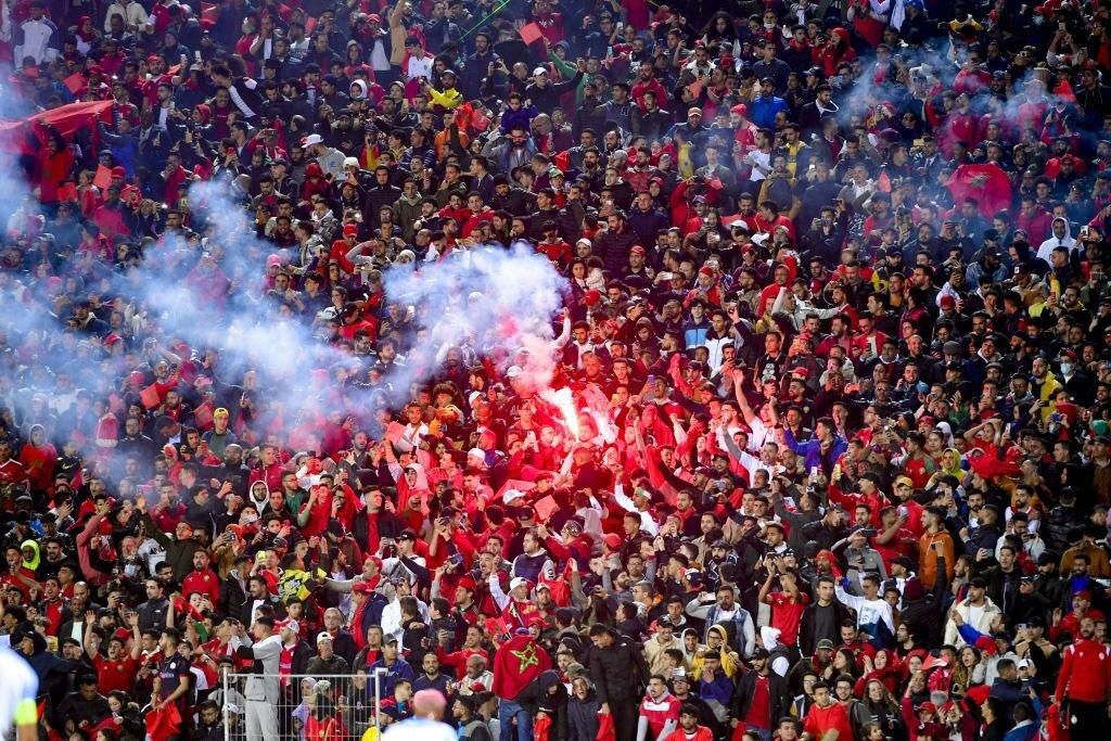 Morocco's fans cheer during the second leg of the 2022 Qatar World Cup African Qualifiers football match between Morocco and DR Congo at the Mohamed V Stadium in the city of Casablanca on March 29, 2022. (Photo by AFP) (Photo by -/AFP via Getty Images)