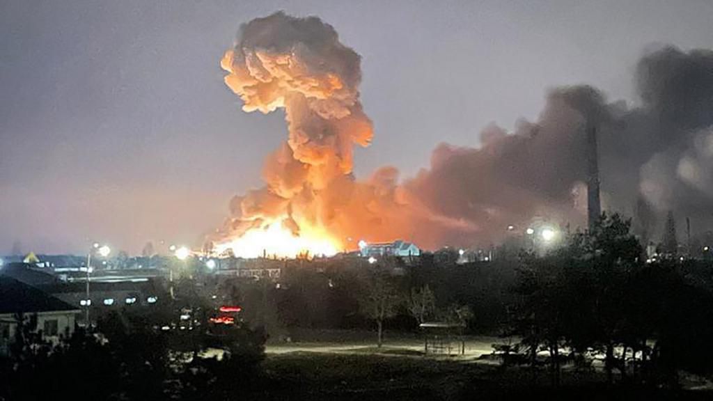 An explosion is seen in the Ukrainian capital of Kyiv early Thursday, February 24. (from Ukrainian President’s Office)