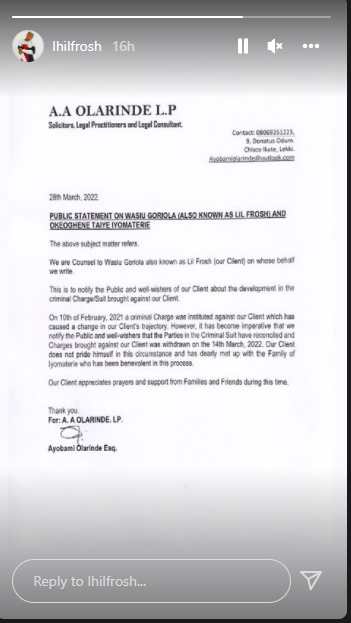 Domestic violence: Lil Frosh and girlfriend settles as she withdraws case from court