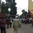 UNILAG: Students protesting outside the school gate over poor sanitary standard.