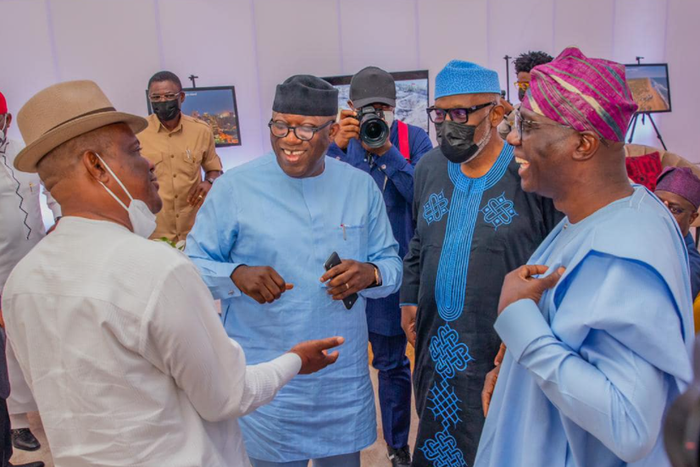L-R: Rivers State governor, Nyesom Wike; Ekiti State governor, Kayode Fayemi; Ondo State governor, Rotimi Akeredolu; and Lagos State governor, Babajide Sanwo-Olu at a meeting of the Southern Governors' Forum [Facebook/Olabode Richard Olatunde]