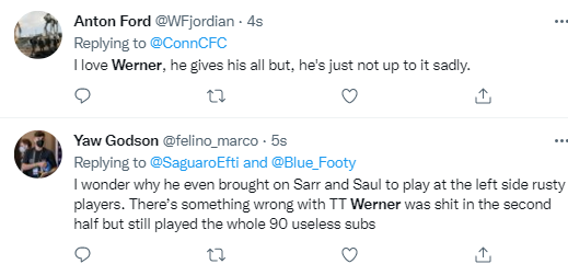 Chelsea fans are not happy with Timo Werner after 2-2 draw with Wolves