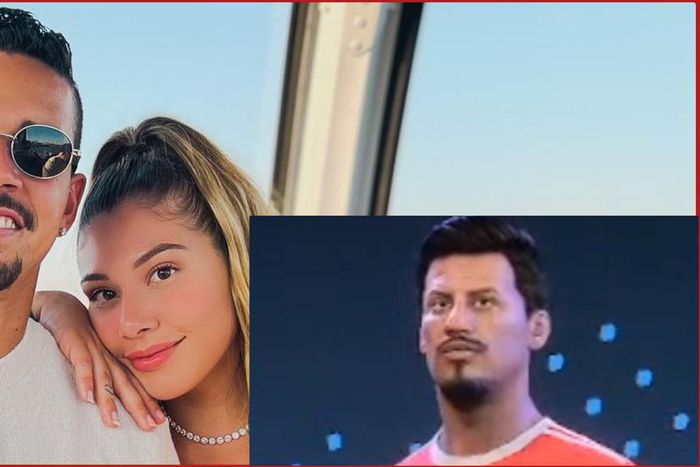 Amanda with her husband Lucas and the FIFA 23 character (inset)