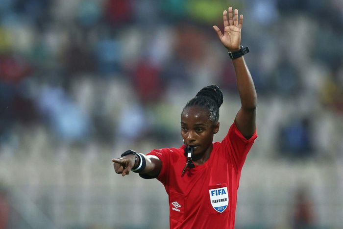 History-making Rwandan referee Salima Mukansanga gestures during an Africa Cup of Nations Group B match between Zimbabwe and Guinea in Yaounde.
