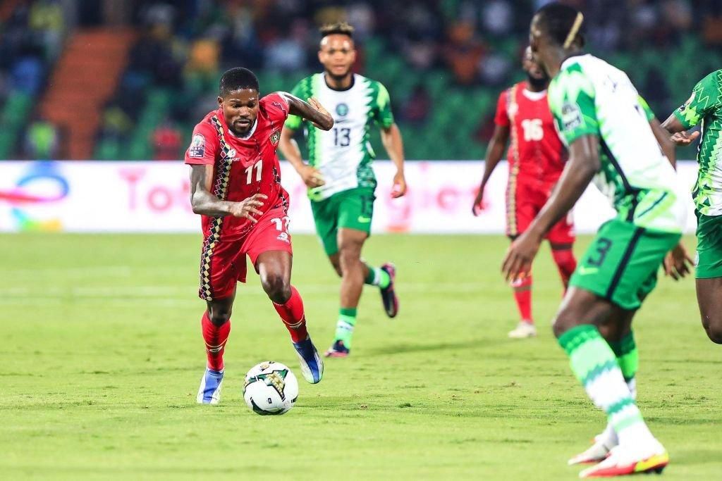 Guinea-Bissau's Jorginho (L) runs with the ball during the Group D Africa Cup of Nations (AFCON) 2021 football match between Guinea-Bissau and Nigeria at Stade Roumde Adjia in Garoua