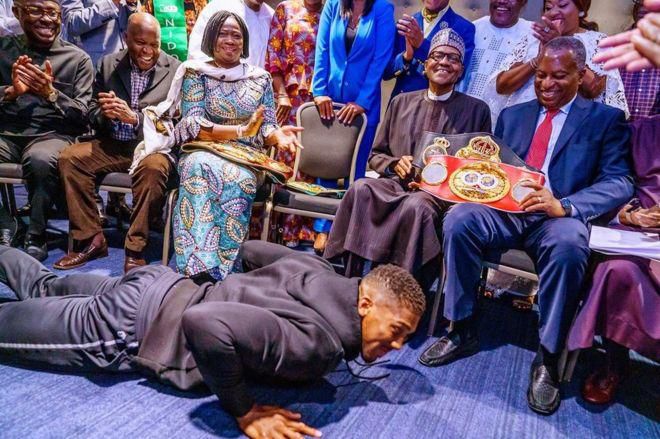 Photo: Humble Anthony Joshua prostrates before President Buhari
