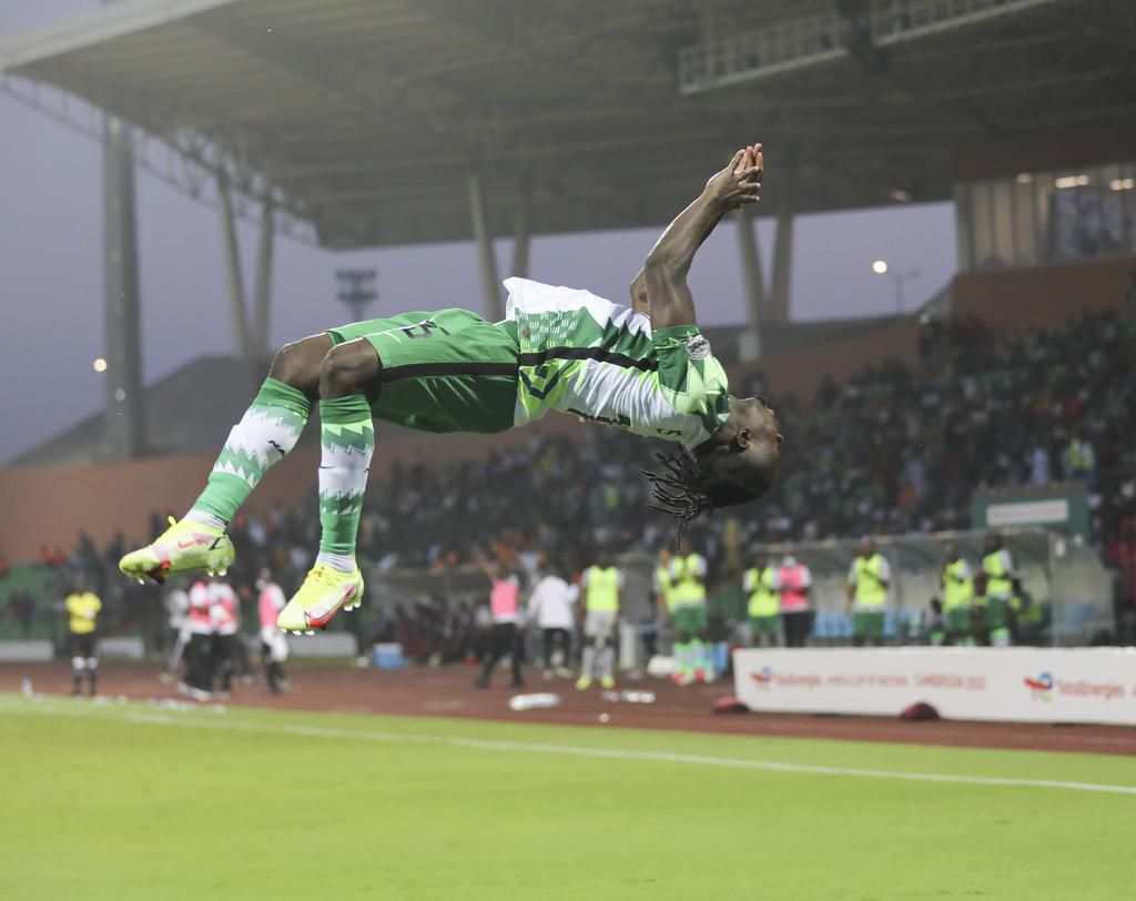 Moses Simon celebrates after scoring Nigeria's third goal
