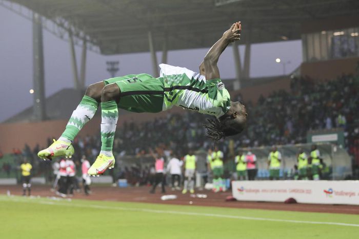 Moses Simon celebrates after scoring Nigeria's third goal