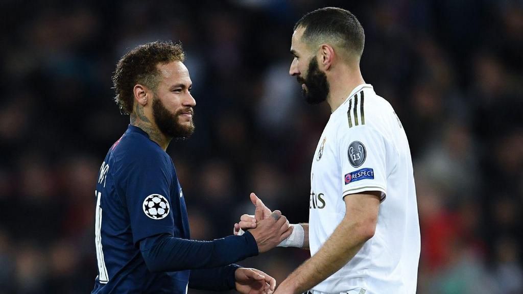 Neymar (L) exchange pleasantries with Karim Benzema (R) at the end of a UEFA Champions League encounter