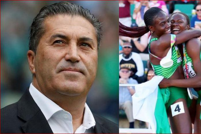 Jose Peseiro celebrates Tobi Amusan and Ese Brume historic moment.