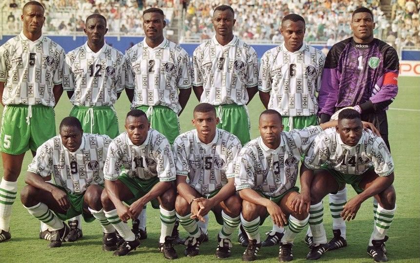The Nigeria team poses before a game at the 1994 FIFA World Cup USA