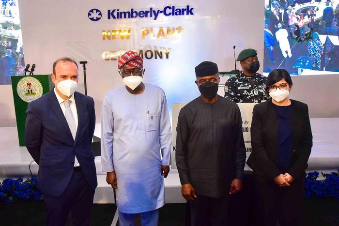 L:R- Acting Vice President, Chief Financial Officer, Kimberly-Clark Middle East and Africa, Fernando Baticon;  Executive Governor, Lagos State, His Excellency, Babajide Sanwo-Olu;  Vice President of the Federation, His Excellency, Prof. Yemi Osinbajo;...