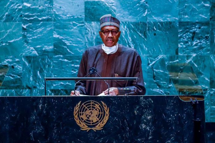 President Muhammadu Buhari at the 77th session of UNGA. [Twitter:@channelstv]