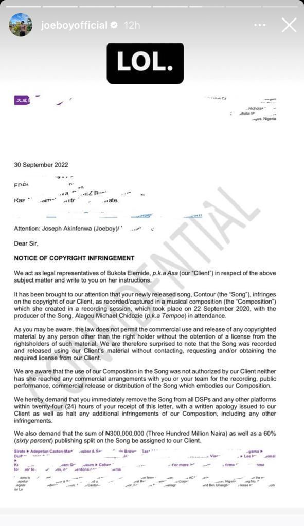 Copyright Infringement Letter Directed To Joeboy
