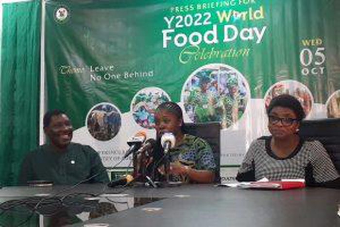 From right ; Mrs Tokunbo Emokpae, Permanent Secretary, Lagos State Ministry of Agriculture, Ms Abisola Olusanya, State Commissioner for Agriculture and Dr Rotimi Fashola, Senior Special Adviser to the Governor on rice during the news briefing on activi...